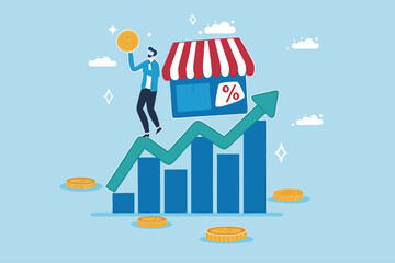 Success small business, entrepreneur growing retail store, marketing growth, business owner or sale and merchandise concept, businessman entrepreneur business owner on growing graph and chart.