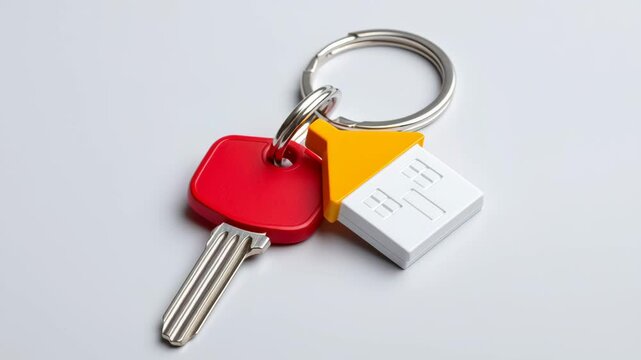 New market access. House keychain with red key on metal ring and yellow roof charm, symbolizing home security and ownership in clean, simple style