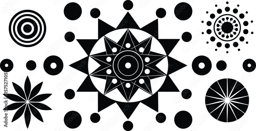 Poster vector art of a collection of black geometric shapes and patterns on a white background.