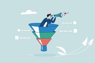 Marketing funnel sales prospect discovery, lead generation or Martech and analytics optimization, insight or customer data, conversion rate concept, businessman look binoculars in marketing funnel.