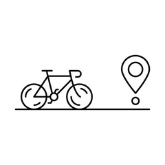 Bike line banner. Place location pointer. Bicycle road tour background. Cyclist journey travel illustration. Mountain active transport. Lifestyle sport bike journey. Bicycle race road. Vector