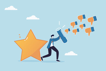 Obraz premium Protect brand reputation, trust or manage negative customer review, feedback or engagement, marketing solution, strategy concept, businessman shield protect star reputation form thumb down feedback.
