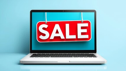 New market access. Laptop with red sale sign on screen against blue background, highlighting computer discount and promotional offers for online shopping deals