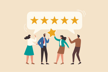 Customer loyalty, consumer satisfaction giving 5 stars rating feedback, best user experience or trust to use service again concept, various customer people giving 5 stars review for quality service.