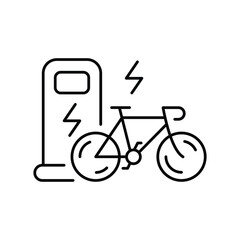 Electric bike line icon. Motorized bicycle transport sign. Charge ebike symbol. Minimal line illustration background. Electric bike line icon pattern banner. White web template concept. Vector