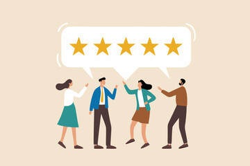 Customer loyalty, consumer satisfaction giving 5 stars rating feedback, best user experience or trust to use service again concept, various customer people giving 5 stars review for quality service.