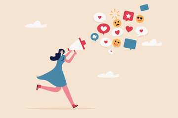 PR, public relation or marketing communication, advertising campaign or social media marketing, online promotion or email newsletter concept, young woman PR speak on megaphone on social media.