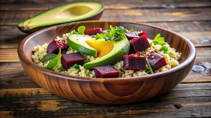 Fresh quinoa salad with roasted beets and sliced avocado served in a rustic wooden bowl , quinoa, nutritious, quinoa