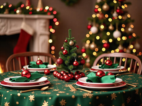 Christmas Table Setting with Mini Tree and Red Ornaments
