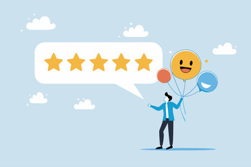 5 Stars review, customer feedback evaluation, best quality or satisfaction, opinion, best rating reputation or online positive review concept, customer giving 5 stars rating or customer experience.