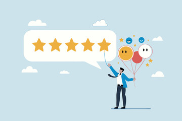 5 Stars review, customer feedback evaluation, best quality or satisfaction, opinion, best rating reputation or online positive review concept, customer giving 5 stars rating or customer experience.