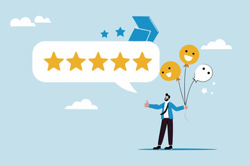 5 Stars review, customer feedback evaluation, best quality or satisfaction, opinion, best rating reputation or online positive review concept, customer giving 5 stars rating or customer experience.