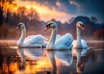 Obraz premium Majestic swans, serene and elegant, grace the night river, a breathtaking low-light scene.