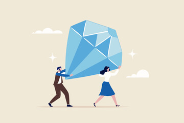 Core value or value proposition, CLV customer lifetime value or company valuation, profit or corporate worth concept, business people employees help carry big valuable diamond.