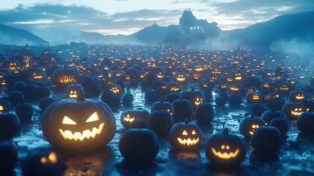 Jack-o'-lanterns Field at Night: Hundreds of glowing jack-o'-lanterns illuminate a vast field under a twilight sky, creating a breathtaking and eerie spectacle.