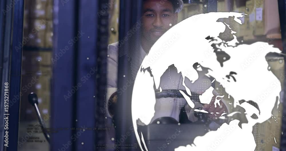 Poster forklift operator maneuvering through warehouse racks while globe overlay receding for navigation