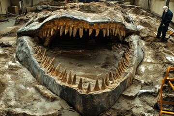 Mouth of dinosaur fossil being uncovered at excavation site in a research facility, Mouth Of Dinosaur Fossil Being Cleared Of Debris