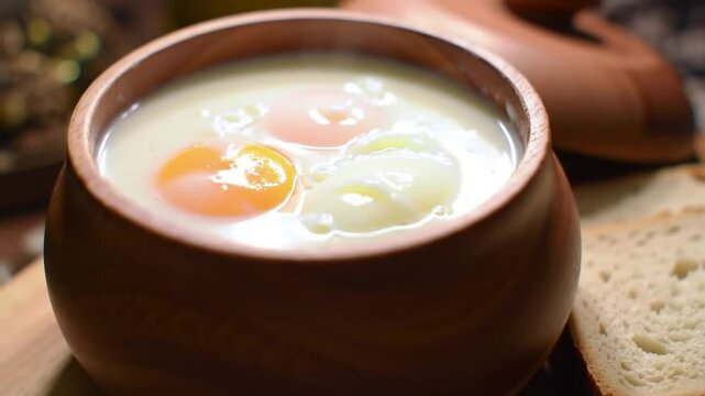 Putting eggs on top of traditional soup called zur or white borscht into bread bowl