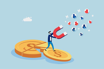 Customer acquisition cost, CAC, advertising cost for lead generation, marketing expense or spending on customer retention, optimize conversion rate concept, businessman with magnet on dollar cost.