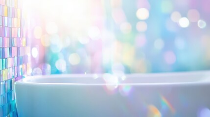 Serene Bathtub with Bokeh Effect: A modern, pristine white bathtub set against a backdrop of shimmering, multicolored bokeh, evoking a sense of tranquility and relaxation.