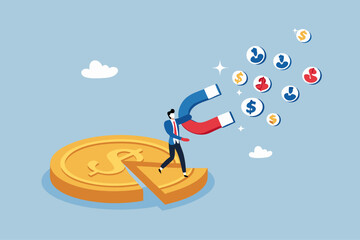 Customer acquisition cost, CAC, advertising cost for lead generation, marketing expense or spending on customer retention, optimize conversion rate concept, businessman with magnet on dollar cost.