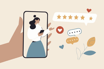 Customer experience, CX or UX user experience, feedback or comment, opinion on product and service, user satisfaction positive or negative feedback concept, woman on mobile giving experience rating.