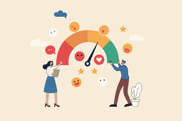Sentiment analysis on customer feedback, brand reputation or positive review, social voice, rating or opinion report, reaction or survey concept, business people analyze social sentiment dashboard.
