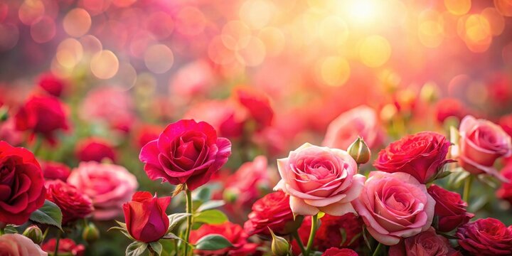 Field of Red and Pink Roses in Soft Bokeh Light, bokeh, garden,  bokeh, garden, red roses , field - Powered by Adobe