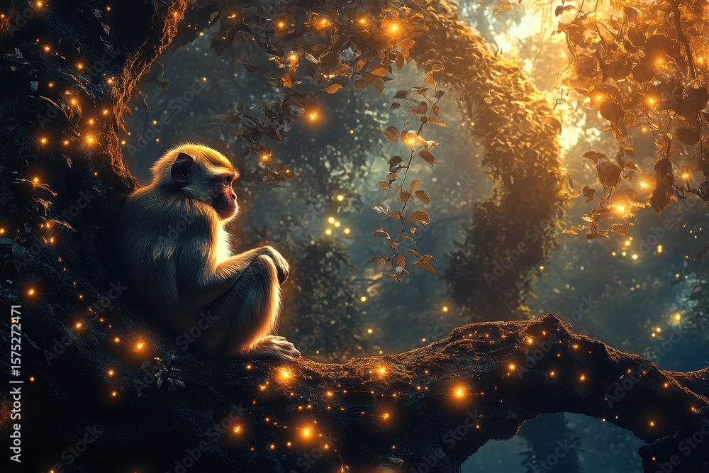 Poster thoughtful monkey observes glowing lights on tree branches in a serene forest at dusk, thoughtful mo