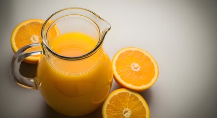 Fresh Orange Juice in a Glass Pitcher with Whole and Halved Oranges
Refreshing Citrus Drink: Pure Orange Juice and Fresh Oranges
Vibrant Orange Juice Ready to Serve with Ripe Citrus Fruits