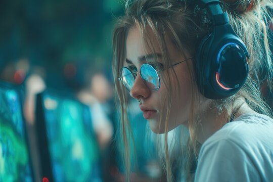 Focused female gamer immersed in strategic gameplay at a dual-monitor e-sports setup with vivid RGB lights in a dark neon-lit room, high-tech atmosphere.