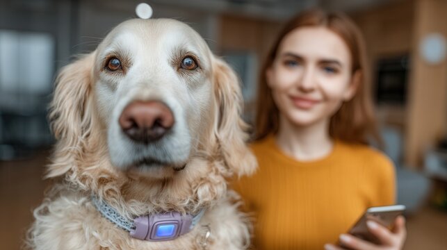 Golden retriever wears smart health collar as woman checks live vitals on phone in sunlit living room, relaxed atmosphere, focus on tech and wellness.