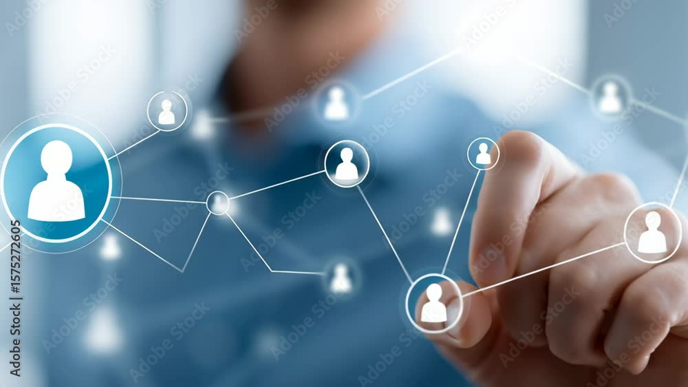 Poster new market access. social network connection concept showing businessman finger pointing digital use