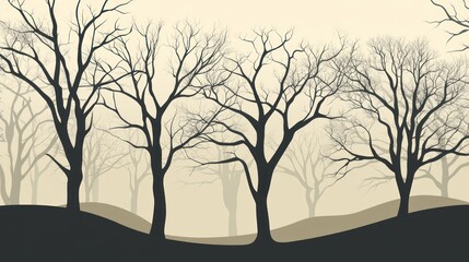 Silhouetted, bare trees line a ridge against a hazy, warm-toned background