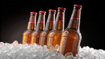 Five cold beer bottles chilling on a pile of ice cubes