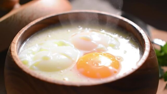 Putting eggs on top of traditional soup called zur or white borscht into bread bowl