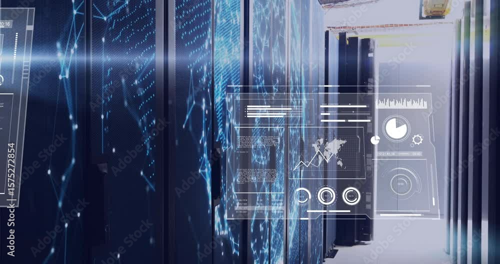 Poster server racks receiving data projecting holographic panels and forming network monitoring dashboard