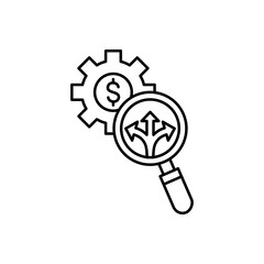 The icon depicts a gear with a magnifying glass and a dollar inside it.