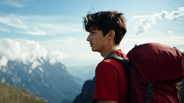 Young Backpacker Enjoys Mountain Scenery