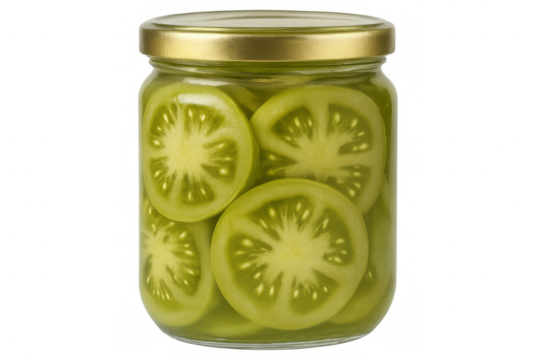 Green tomato slices preserving in transparent glass jar, displaying traditional food storage method with clear background suitable for culinary design projects