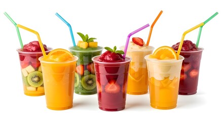 Vibrant Fruit Smoothies and Salads in Cups with Straws.
Colorful Layers of Fresh Mango, Kiwi, Strawberry, and Orange