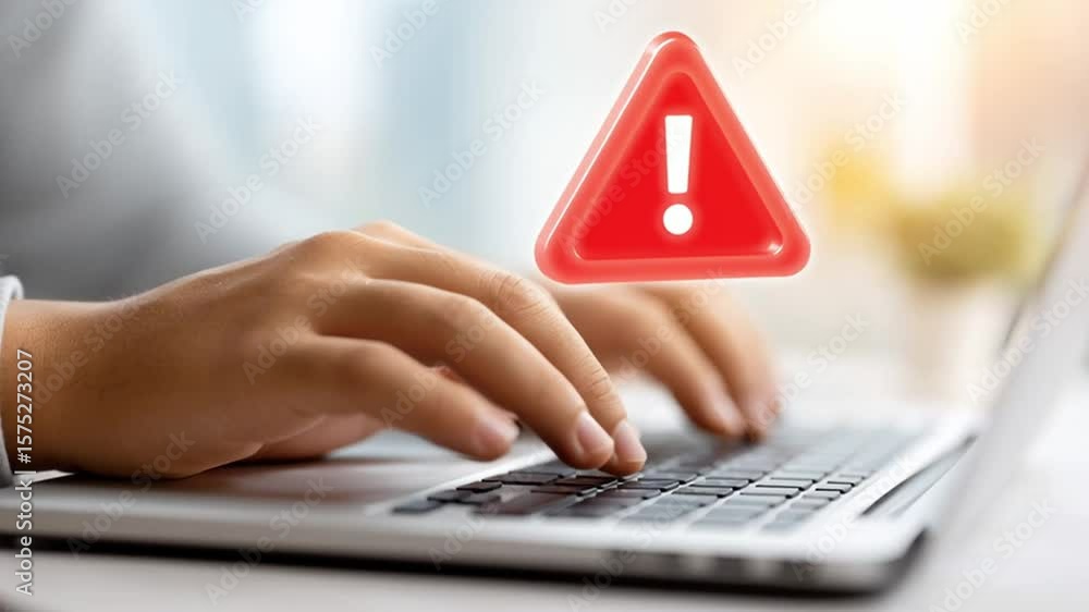 Poster phishing scam warning alert laptop keyboard with hands typing showing online security risk and digit