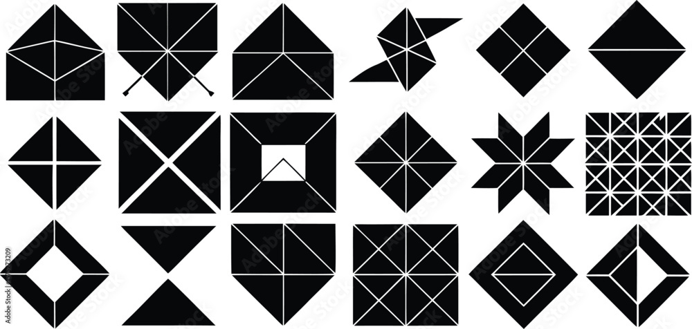 Poster vector art of a collection of black geometric shapes and patterns on a white background.