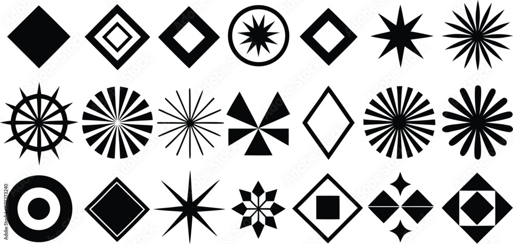 Poster vector art of a collection of abstract geometric shapes and patterns in black and white.
