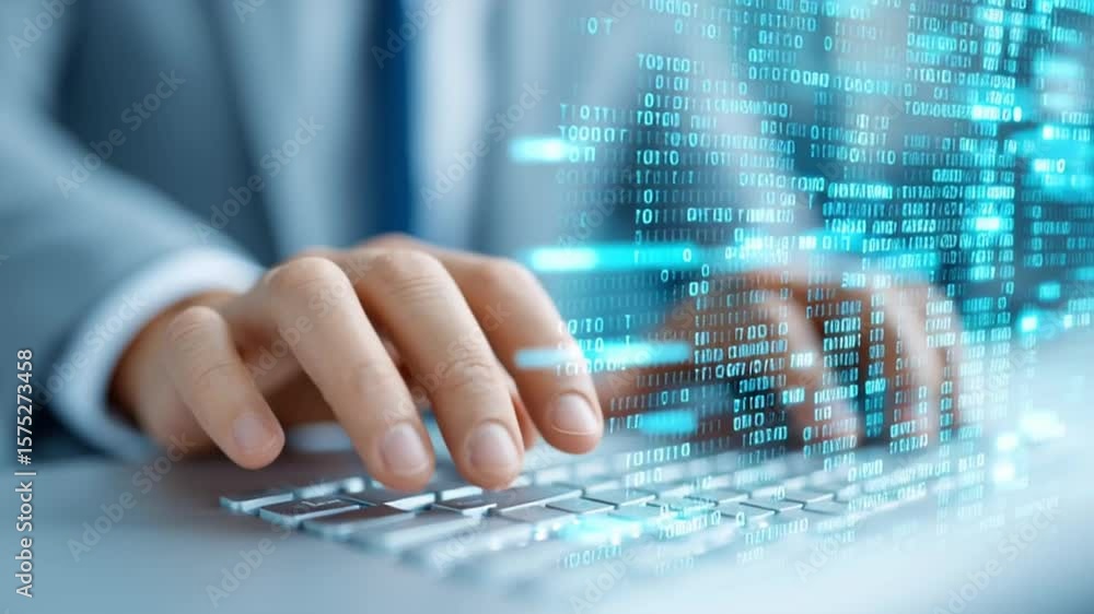 Poster phishing scam warning cyber security technology with hands typing laptop keyboard digital code overl
