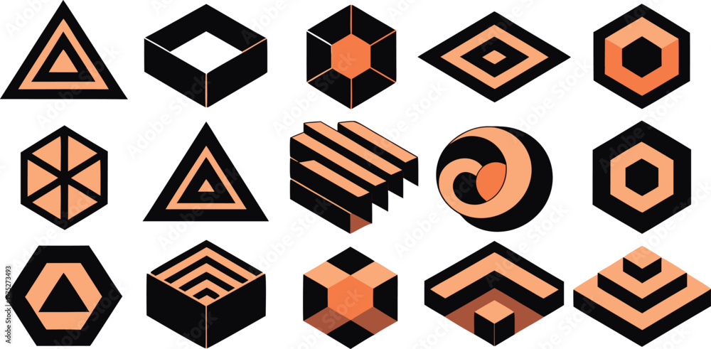Poster vector art of a collection of abstract geometric shapes in isometric perspective.