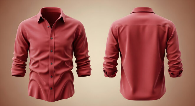 Two views of a red long-sleeved dress shirt, front and back, against a gradient background.
