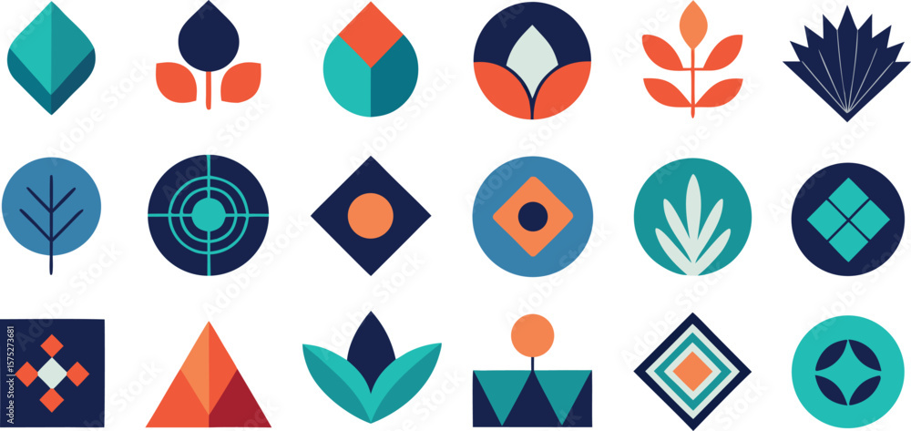 Poster vector art of a collection of abstract geometric icons with nature and modern design elements.