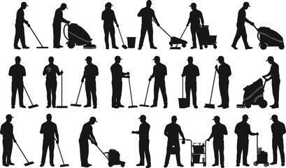 Obraz premium Silhouette of janitors, cleaning staff, mop workers, sweeping floor, vacuuming, cleaning tools, sanitation job, workplace maintenance, vector illustration