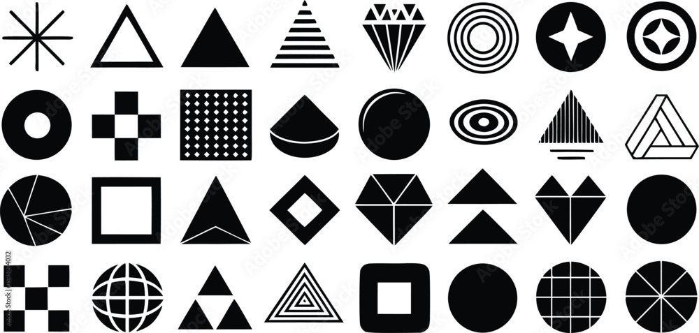 Poster vector art of a diverse collection of black geometric shapes and patterns on a white background.